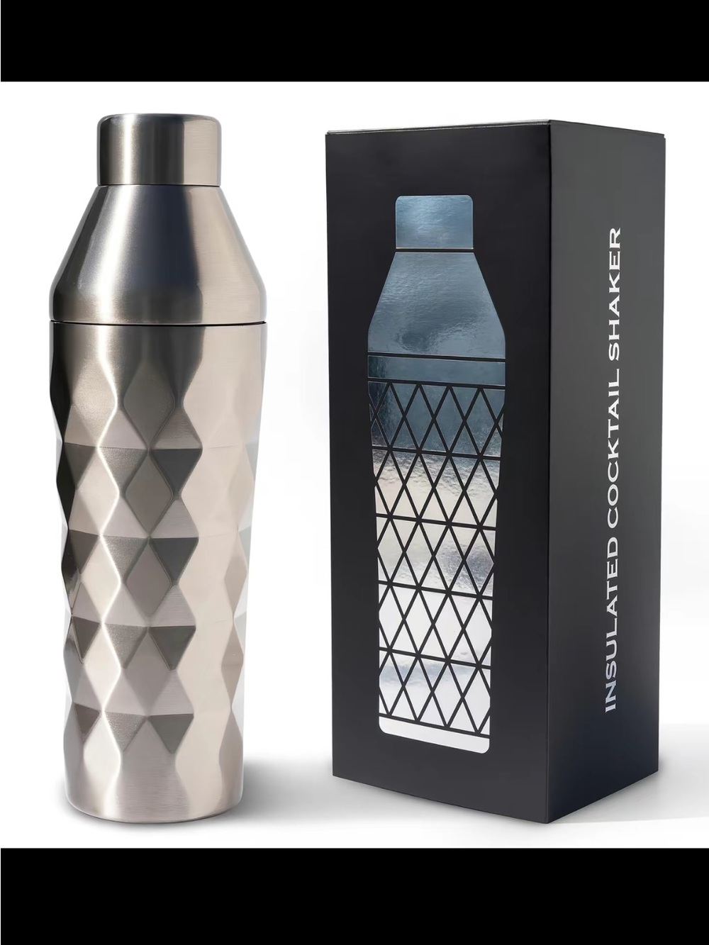 Insulated Silver Cocktail Shaker - Modern Diamond Texture